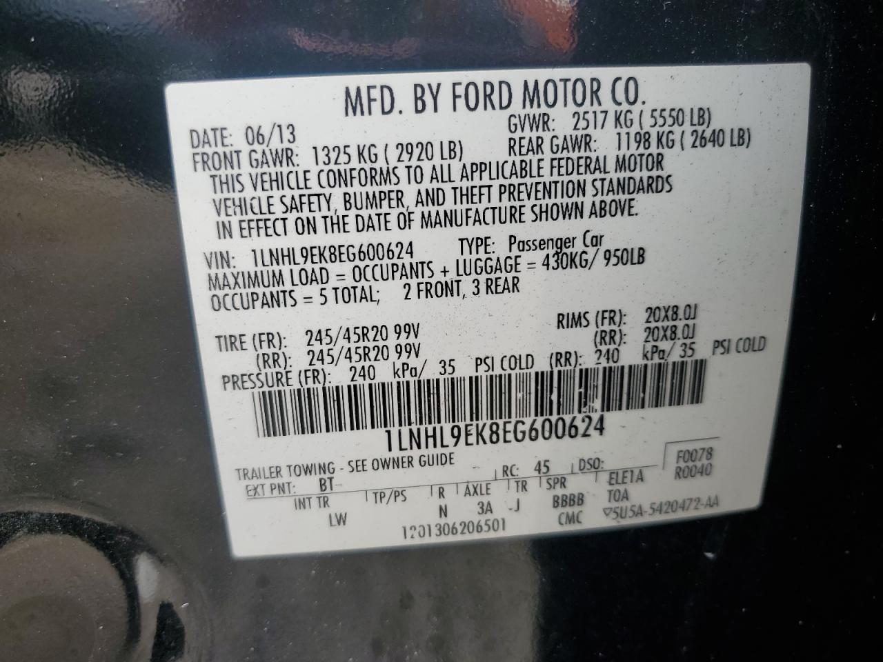 2014 Lincoln Mks VIN: 1LNHL9EK8EG600624 Lot: 86888745