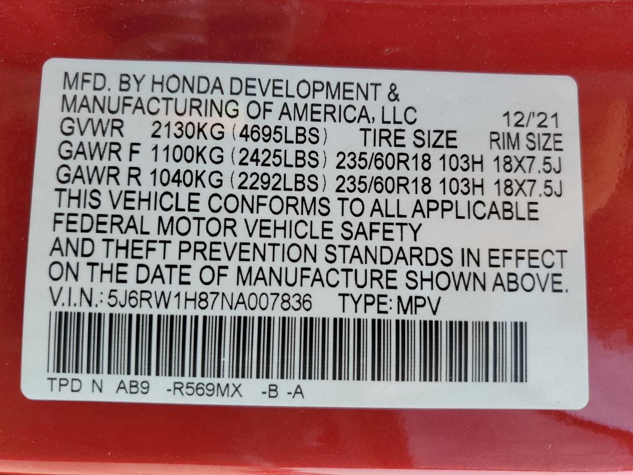 2022 Honda Cr-V Exl VIN: 5J6RW1H87NA007836 Lot: 82684025