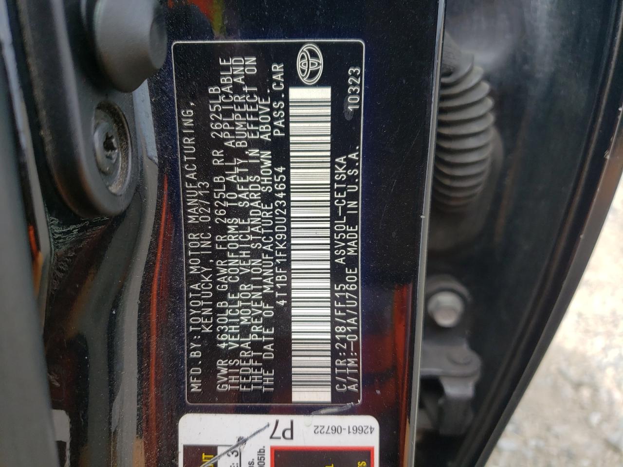 2013 Toyota Camry L VIN: 4T1BF1FK9DU234654 Lot: 82449395