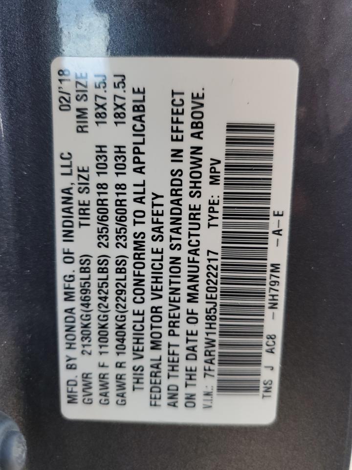 2018 Honda Cr-V Exl VIN: 7FARW1H85JE022217 Lot: 84639875