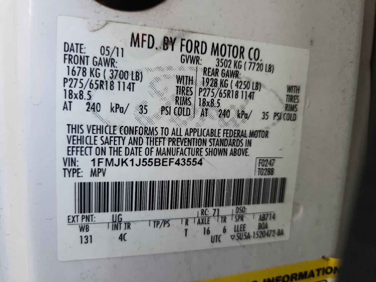 2011 Ford Expedition El Xlt VIN: 1FMJK1J55BEF43554 Lot: 86522175