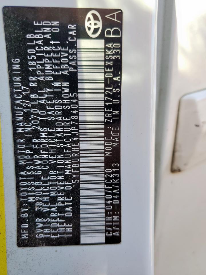 2018 Toyota Corolla L VIN: 5YFBURHE4JP784045 Lot: 85371955