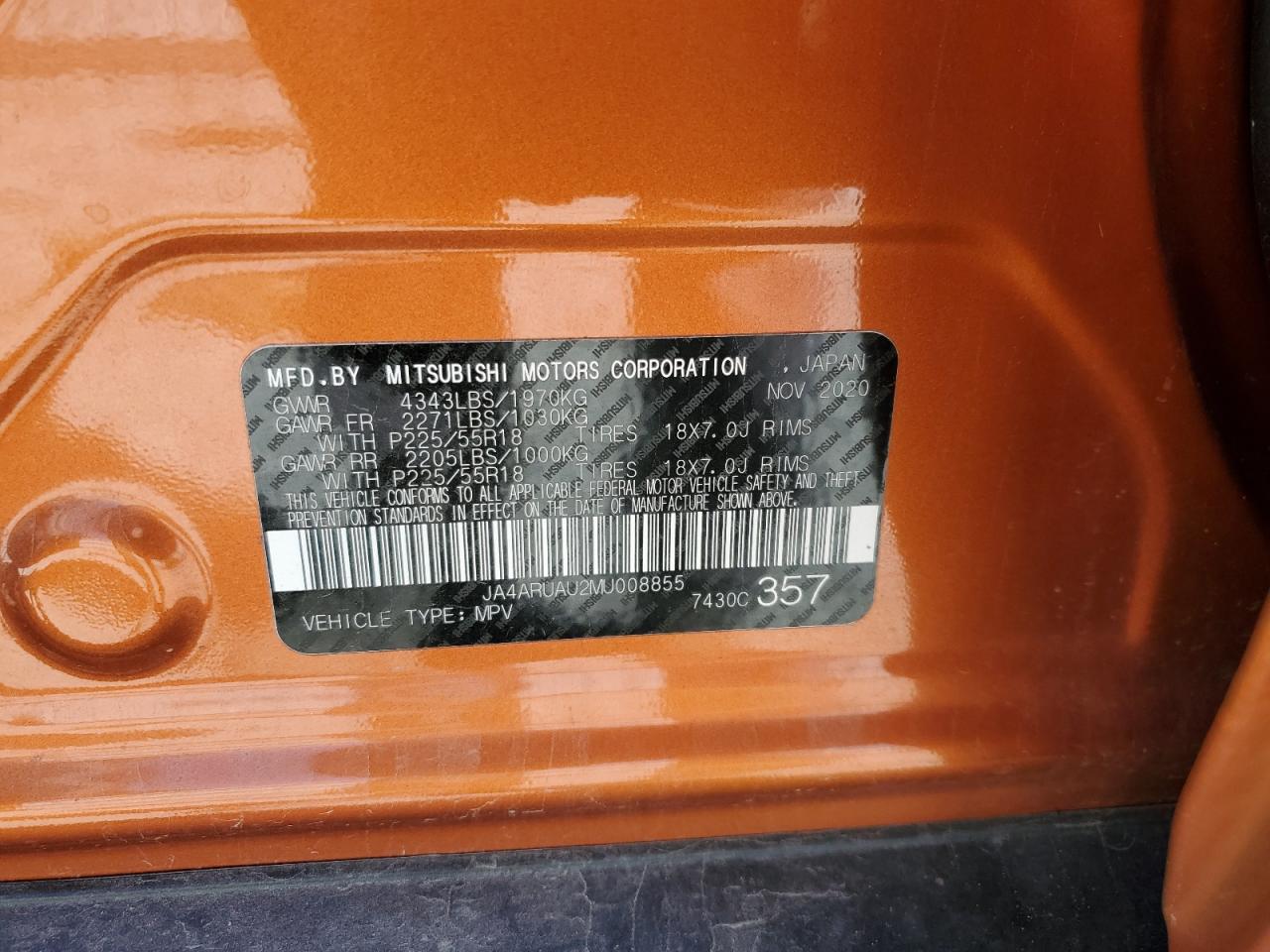 2021 Mitsubishi Outlander Sport Es VIN: JA4ARUAU2MU008855 Lot: 84654645