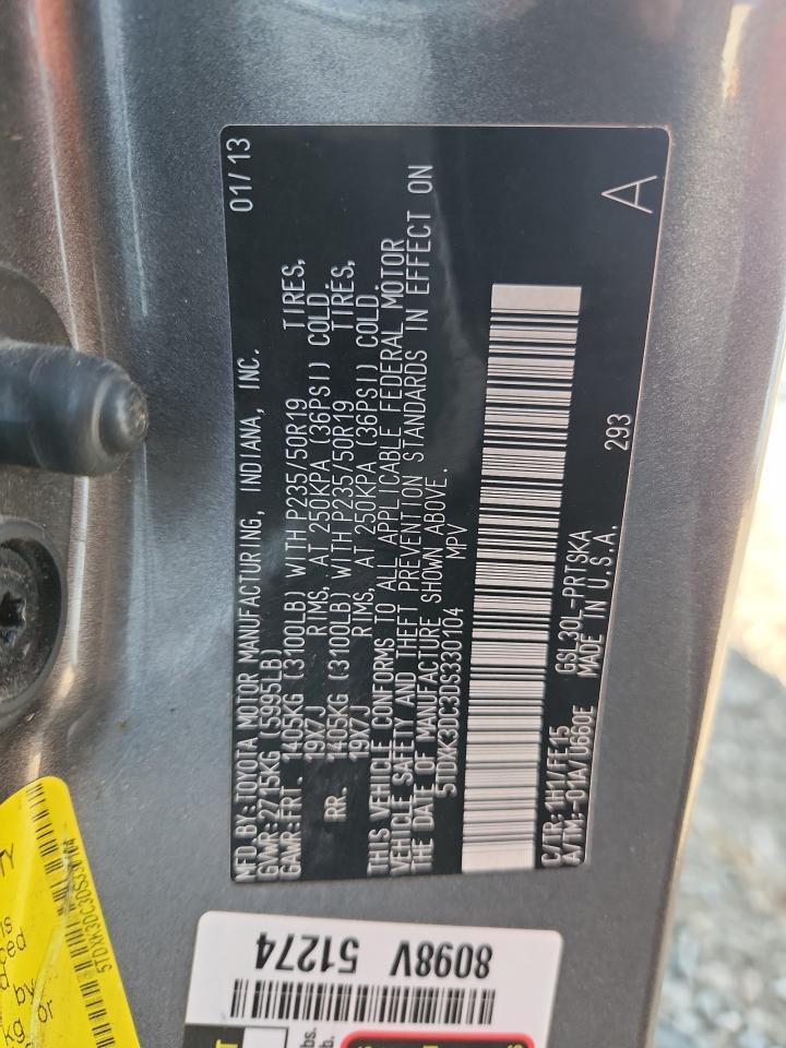 2013 Toyota Sienna Sport VIN: 5TDXK3DC3DS330104 Lot: 85374725