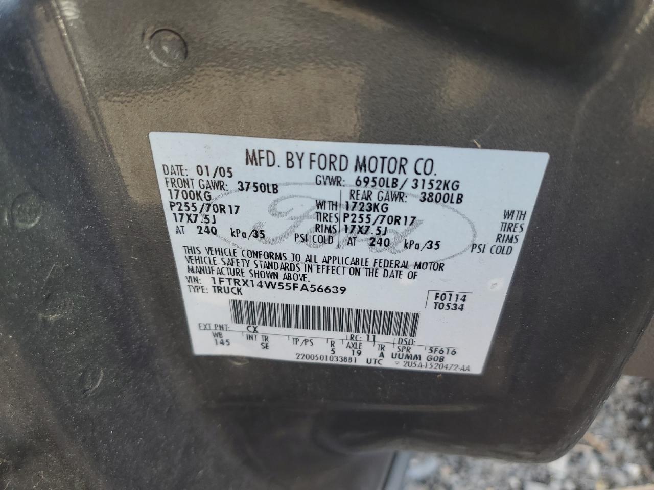 2005 Ford F150 VIN: 1FTRX14W55FA56639 Lot: 85390745