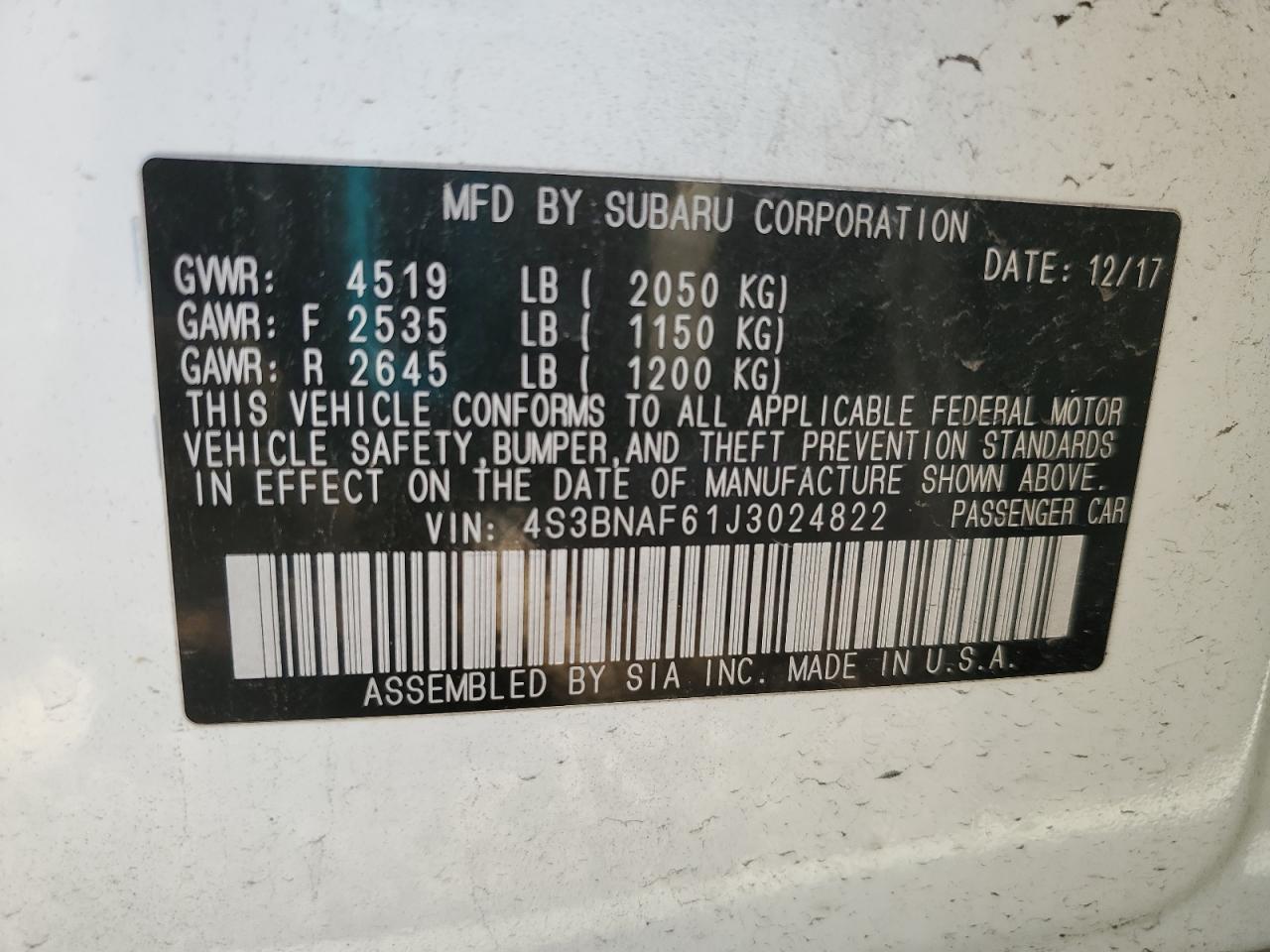 2018 Subaru Legacy 2.5I Premium VIN: 4S3BNAF61J3024822 Lot: 85114465