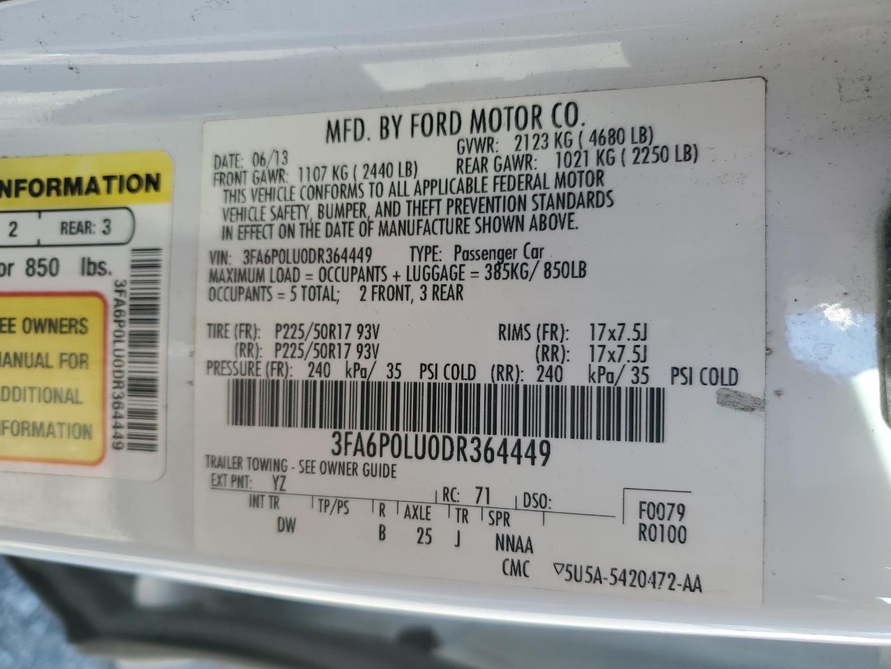 2013 Ford Fusion Se Hybrid VIN: 3FA6P0LU0DR364449 Lot: 85171115