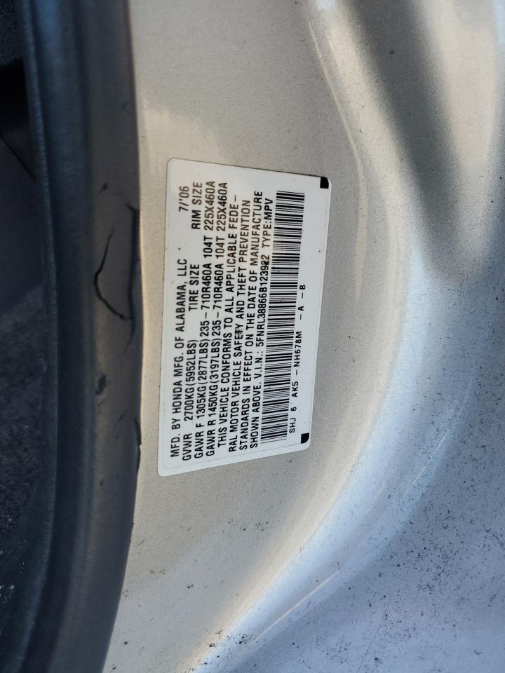 2006 Honda Odyssey Touring VIN: 5FNRL38866B123922 Lot: 82185285