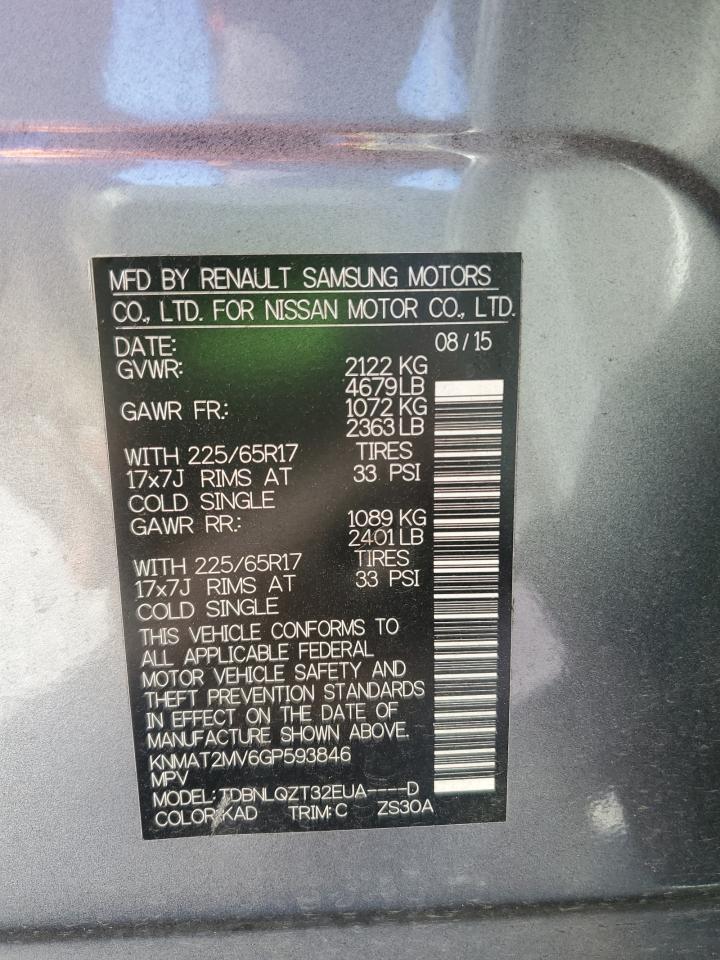 2016 Nissan Rogue S VIN: KNMAT2MV6GP593846 Lot: 86615235