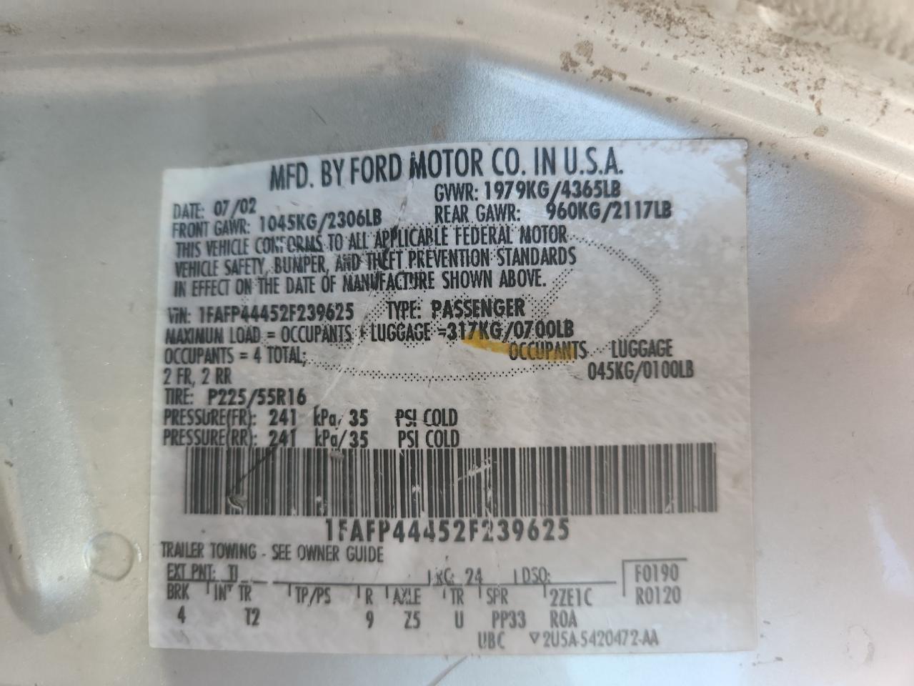 2002 Ford Mustang VIN: 1FAFP44452F239625 Lot: 84835965