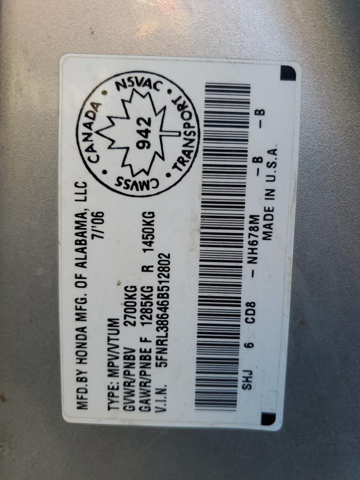 2006 Honda Odyssey Exl VIN: 5FNRL38646B512802 Lot: 86251205