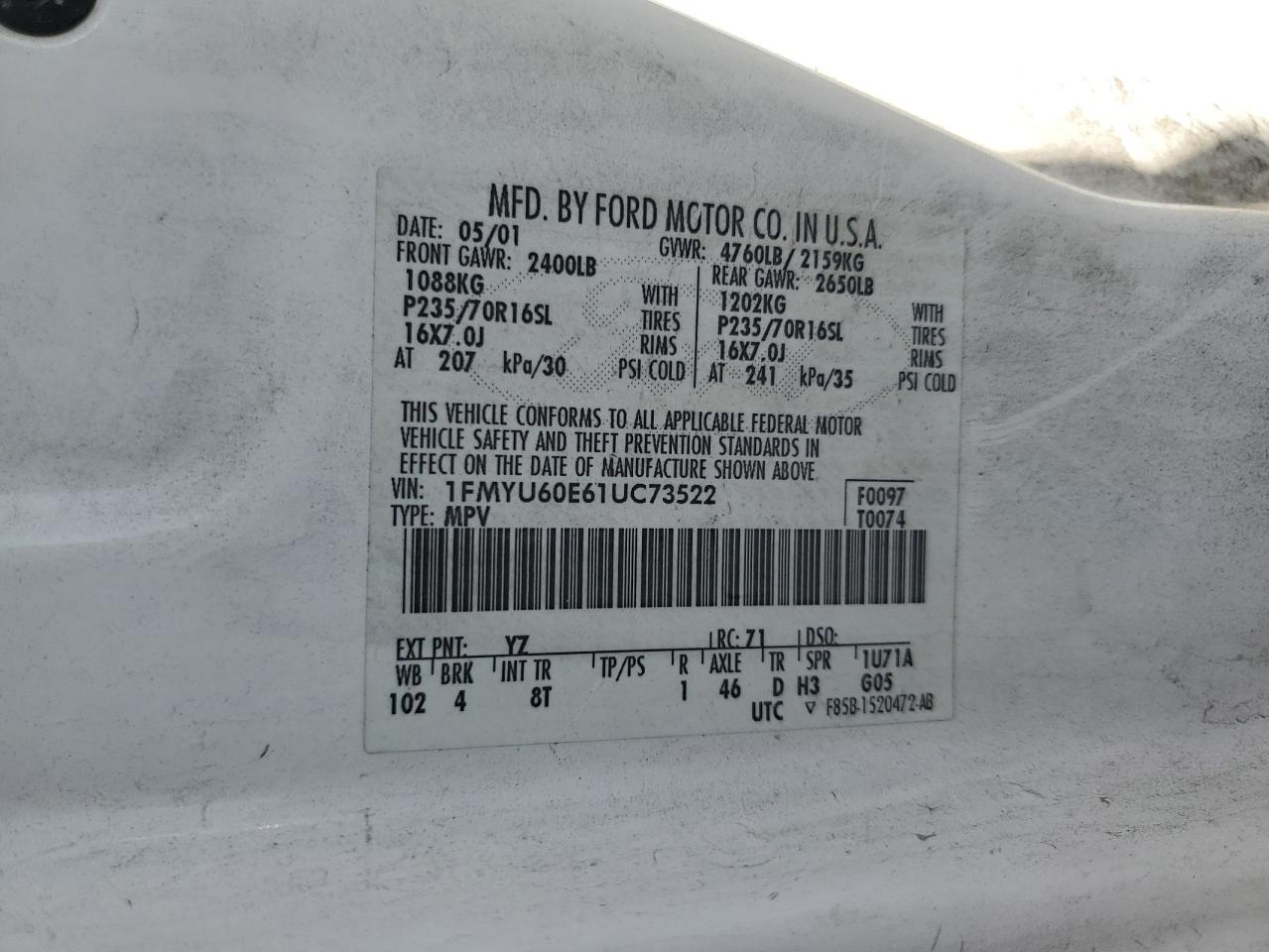 2001 Ford Explorer Sport VIN: 1FMYU60E61UC73522 Lot: 85327415