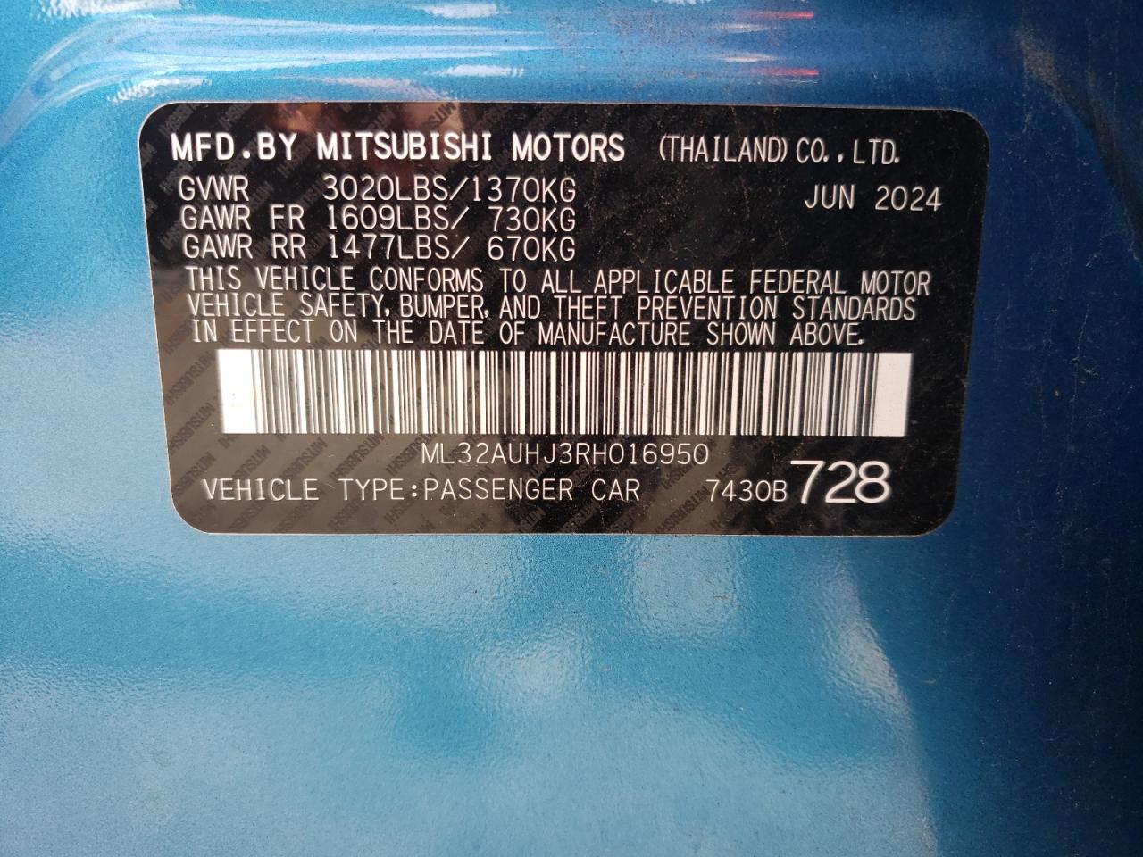 2024 Mitsubishi Mirage Es VIN: ML32AUHJ3RH016950 Lot: 85922065