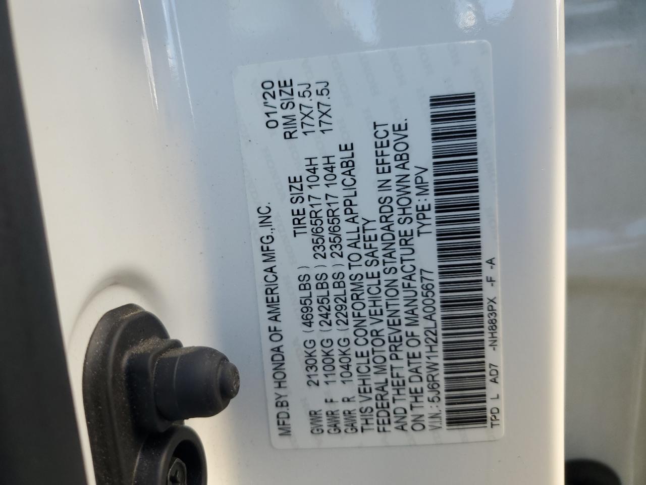 2020 Honda Cr-V Lx VIN: 5J6RW1H22LA005677 Lot: 85567985