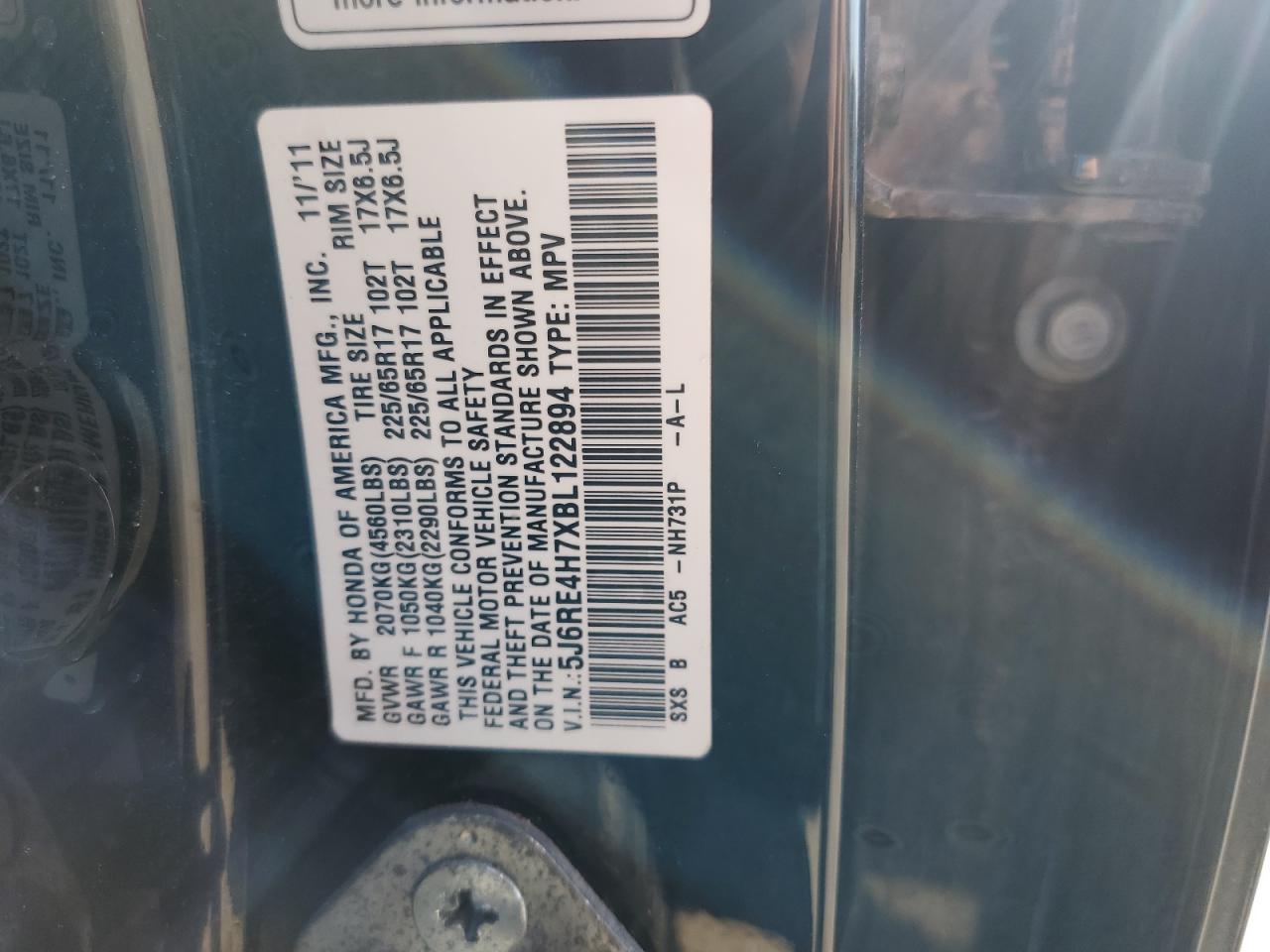 2011 Honda Cr-V Exl VIN: 5J6RE4H7XBL122894 Lot: 85923905