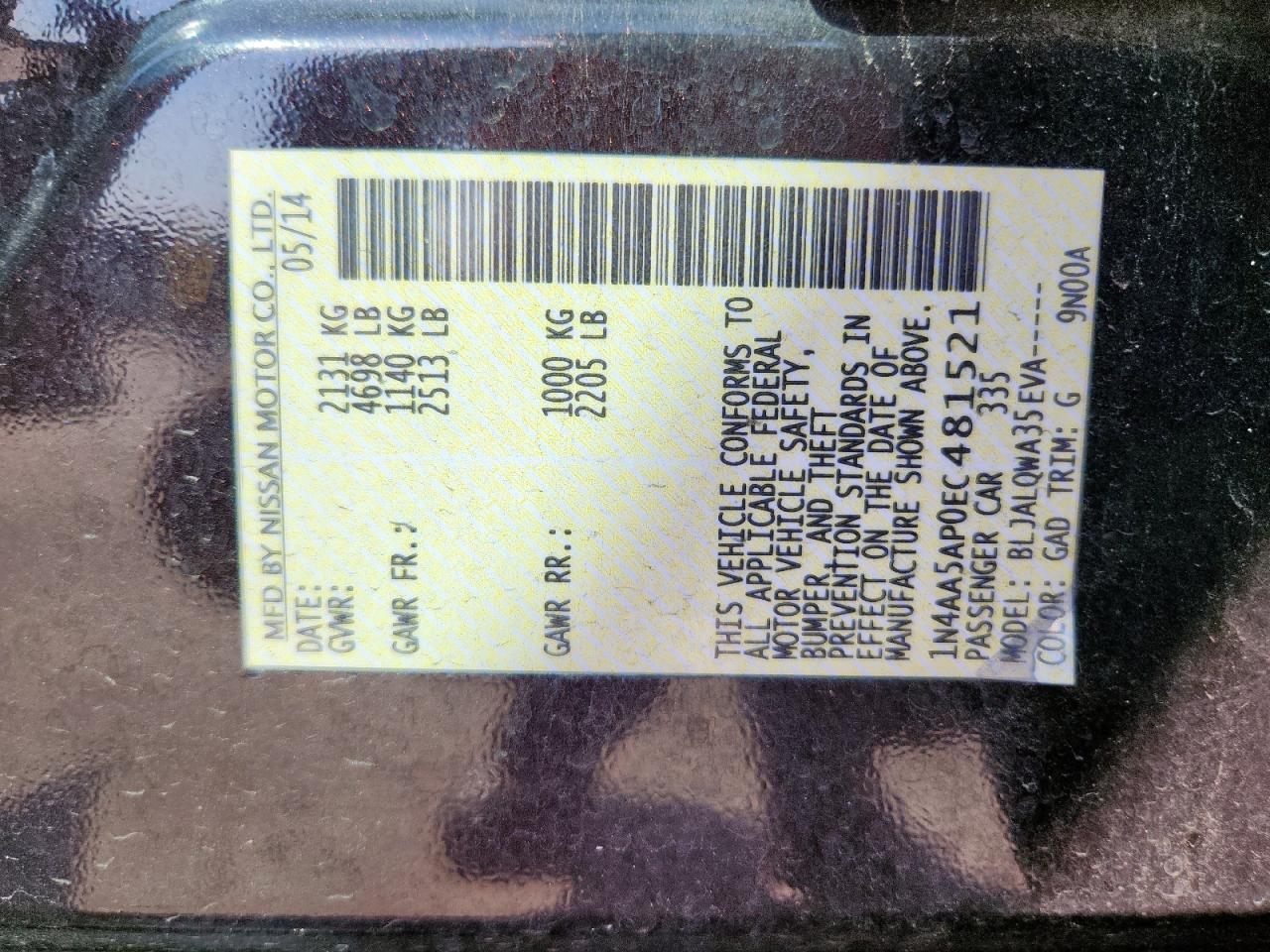 2014 Nissan Maxima S VIN: 1N4AA5AP0EC481521 Lot: 84969645