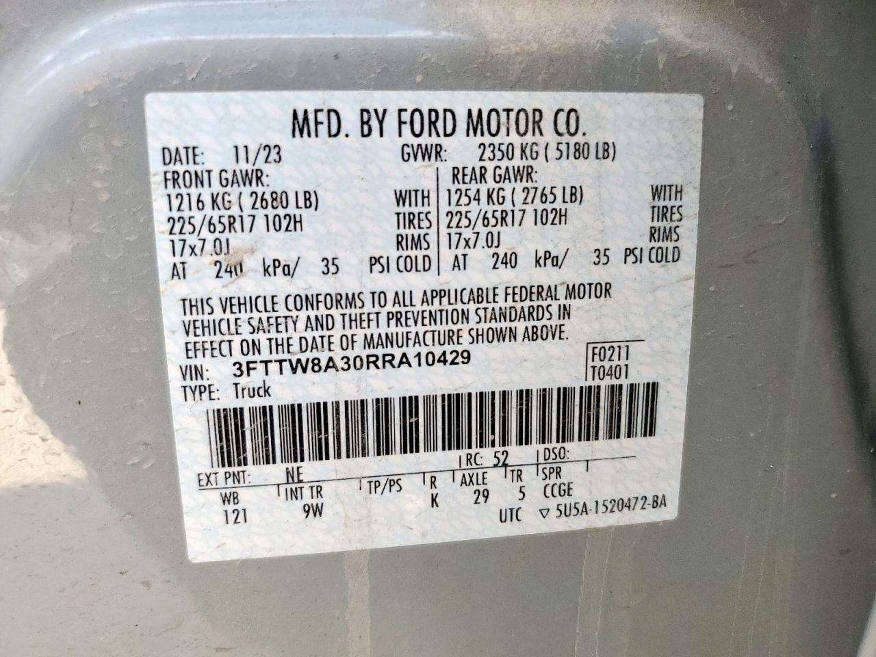 2024 Ford Maverick Xl VIN: 3FTTW8A30RRA10429 Lot: 85086125