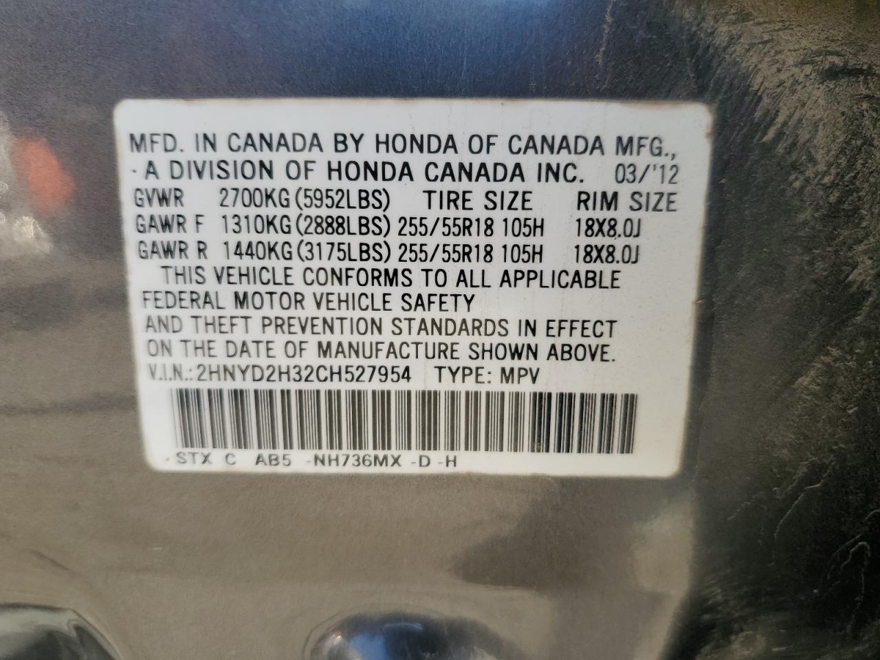 2012 Acura Mdx Technology VIN: 2HNYD2H32CH527954 Lot: 85818655