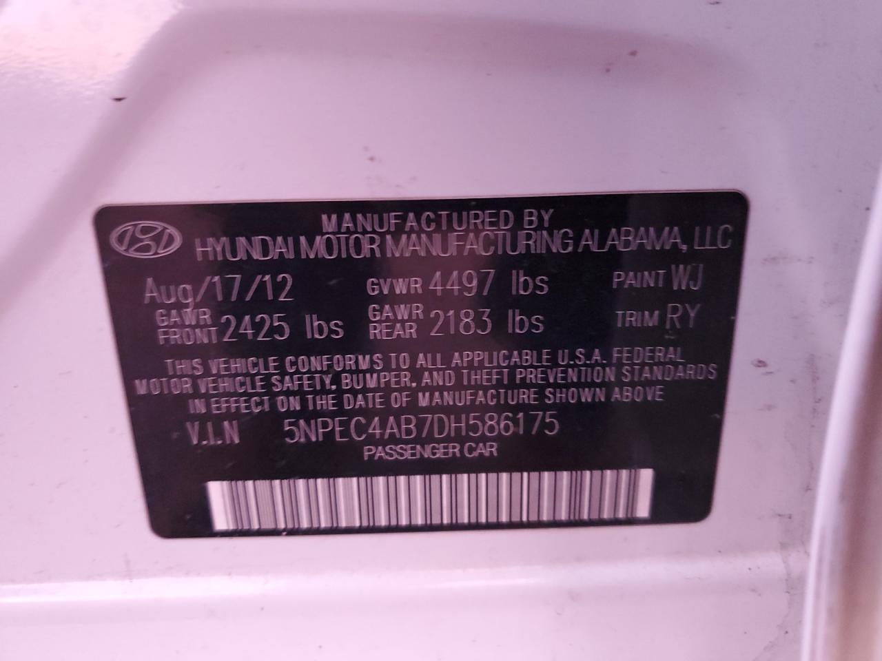 2013 Hyundai Sonata Se VIN: 5NPEC4AB7DH586175 Lot: 85390505