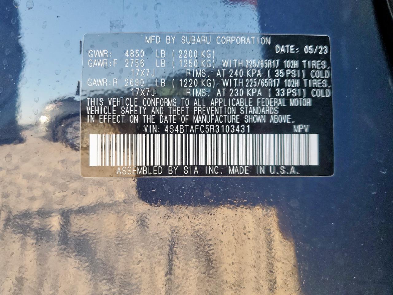 2024 Subaru Outback Premium VIN: 4S4BTAFC5R3103431 Lot: 84748855