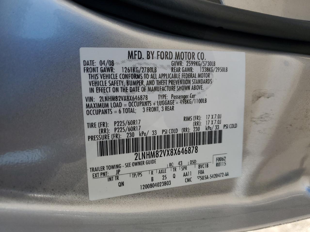 2008 Lincoln Town Car Signature Limited VIN: 2LNHM82VX8X646878 Lot: 85833675