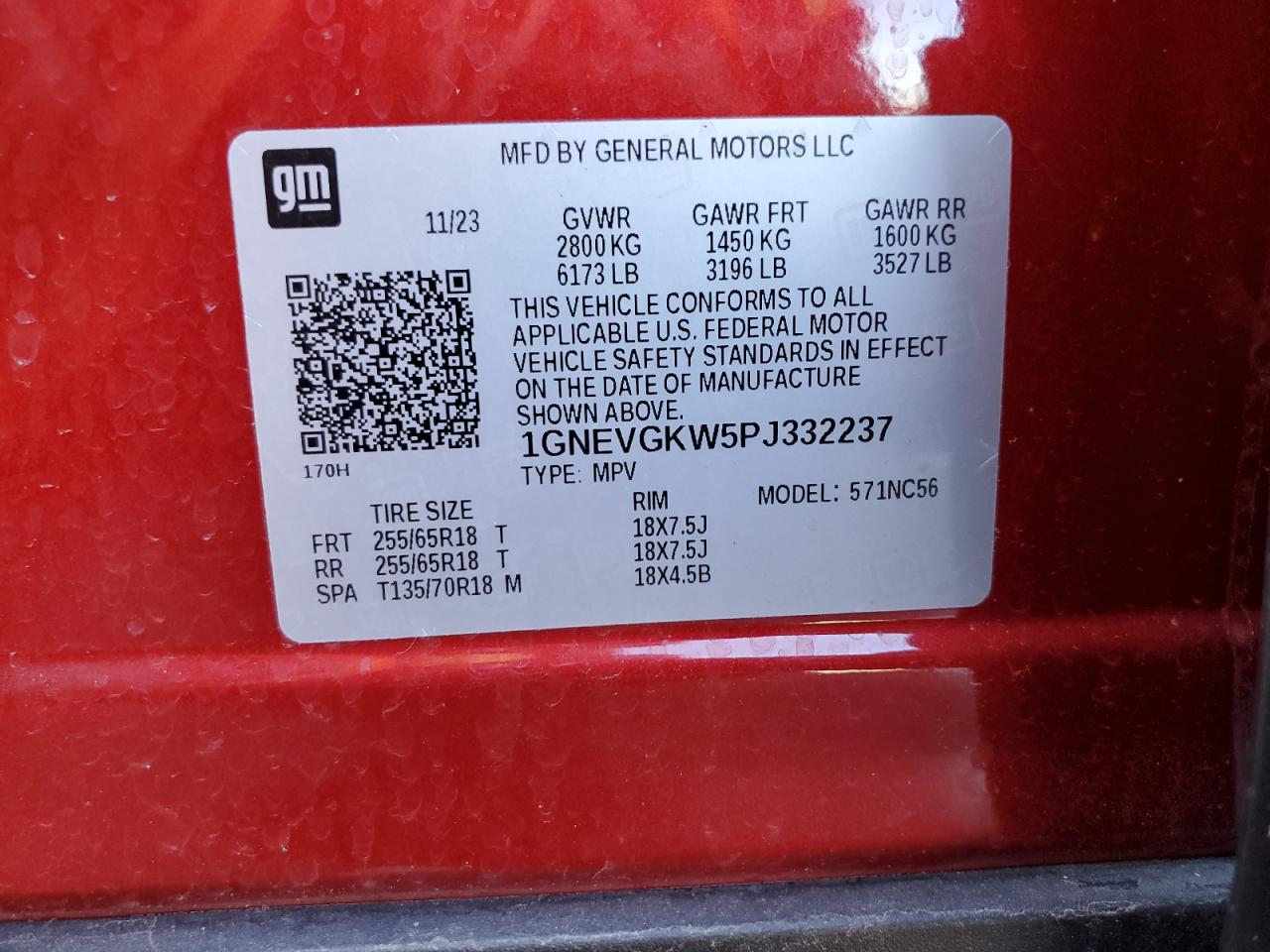 2023 Chevrolet Traverse Lt VIN: 1GNEVGKW5PJ332237 Lot: 82366415