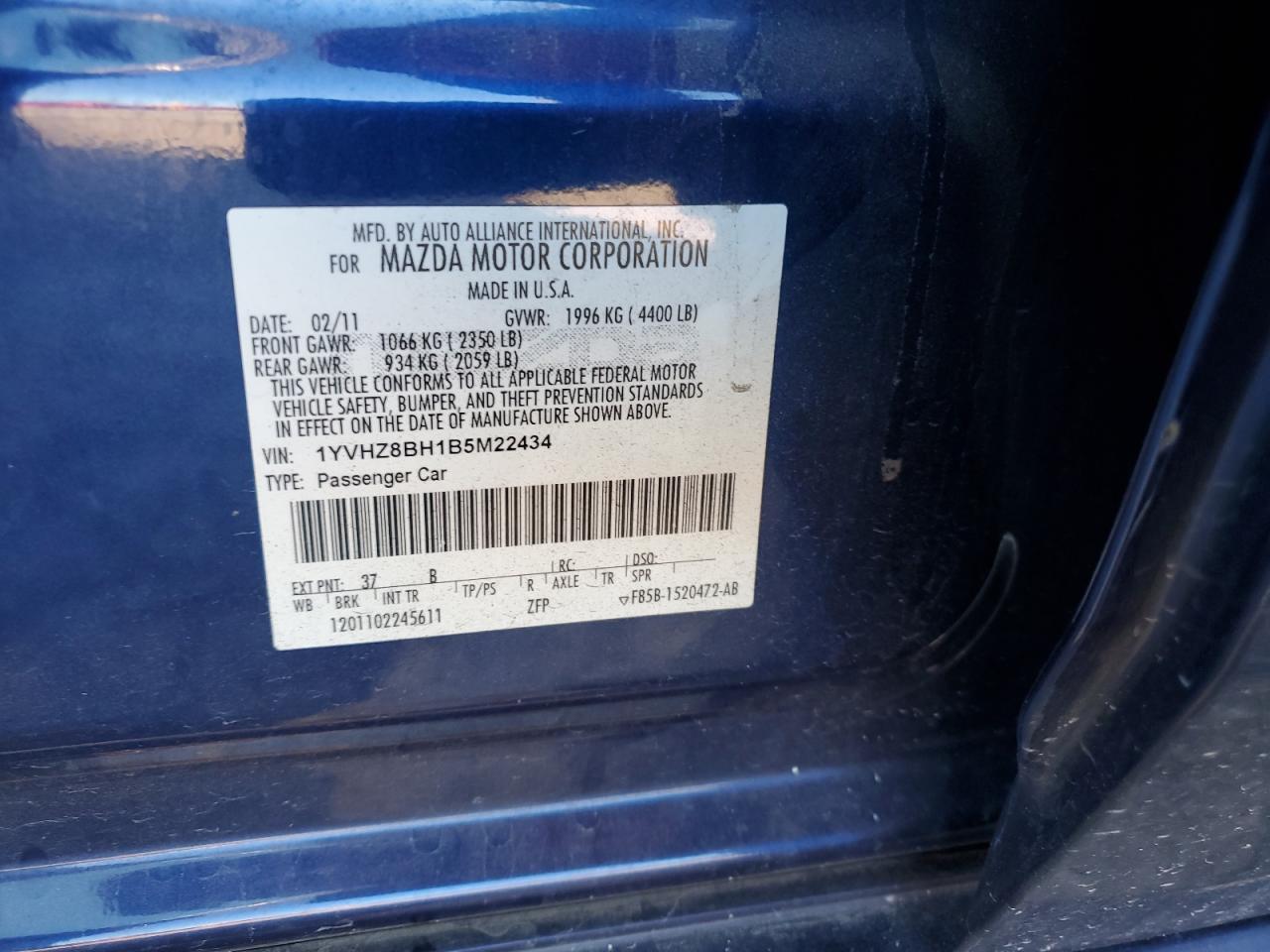 2011 Mazda 6 I VIN: 1YVHZ8BH1B5M22434 Lot: 87105015
