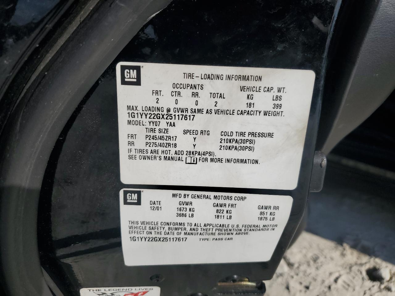 2002 Chevrolet Corvette VIN: 1G1YY22GX25117617 Lot: 85174145