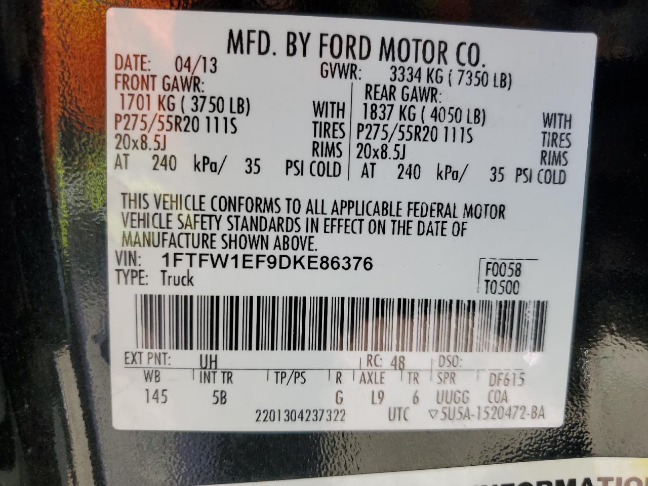 2013 Ford F150 Supercrew VIN: 1FTFW1EF9DKE86376 Lot: 87032885