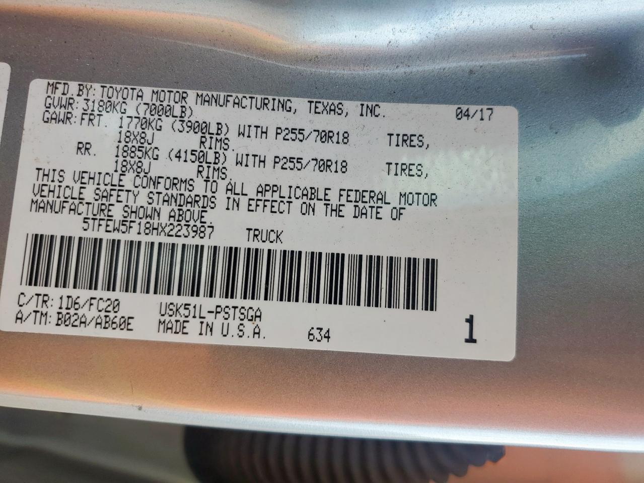 2017 Toyota Tundra Crewmax Sr5 VIN: 5TFEW5F18HX223987 Lot: 85660865