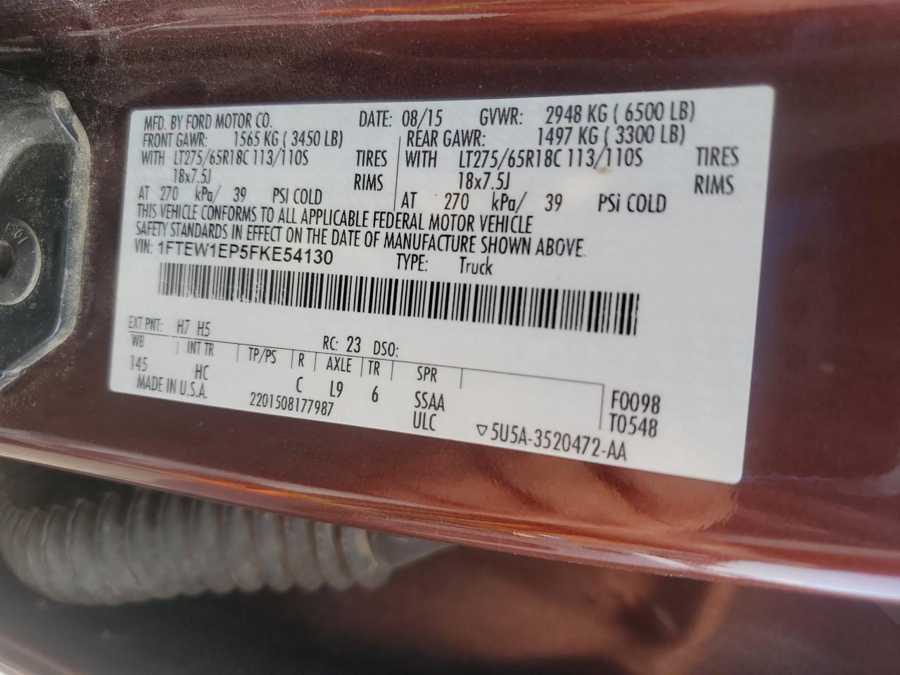 2015 Ford F150 Supercrew VIN: 1FTEW1EP5FKE54130 Lot: 85169125