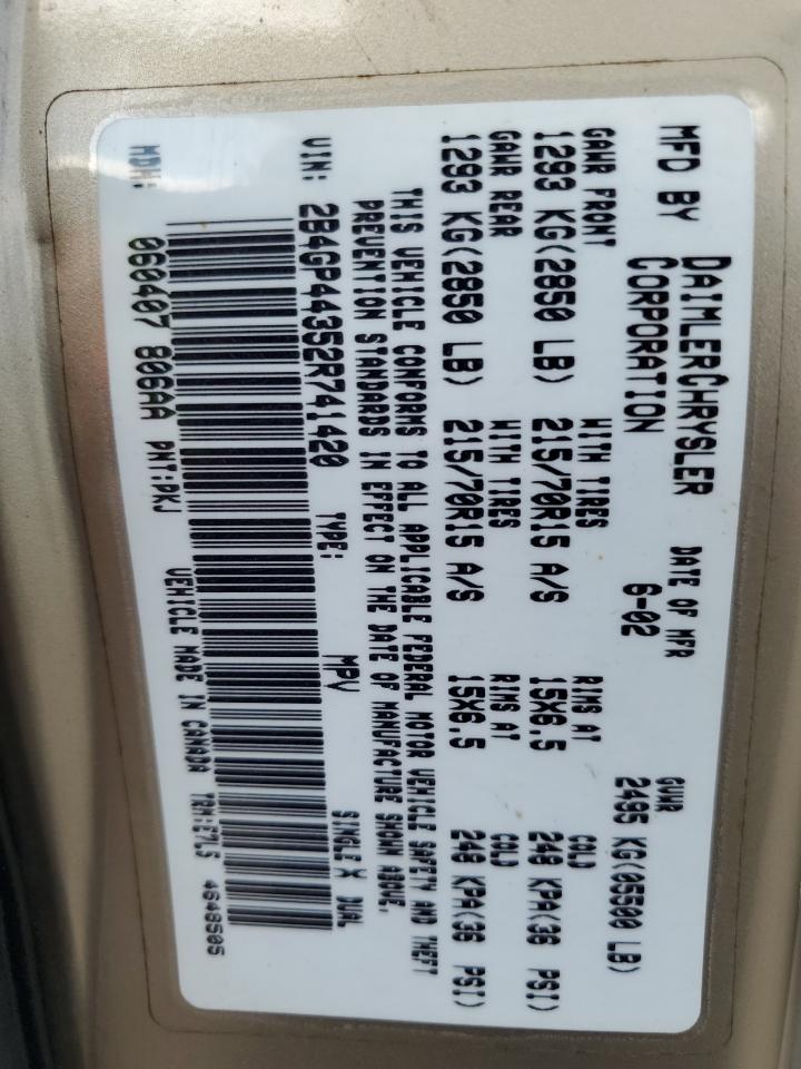 2002 Dodge Grand Caravan Sport VIN: 2B4GP44352R741420 Lot: 87232145