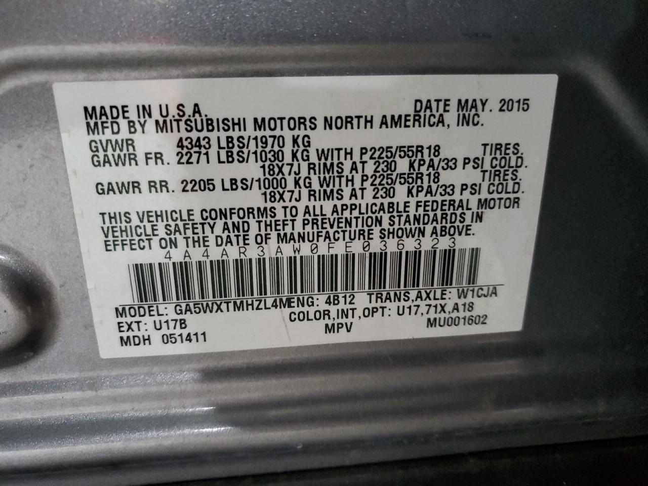 2015 Mitsubishi Outlander Sport Es VIN: 4A4AR3AW0FE036323 Lot: 82682635