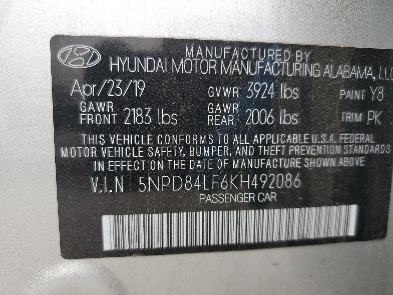 2019 Hyundai Elantra Sel VIN: 5NPD84LF6KH492086 Lot: 81922745