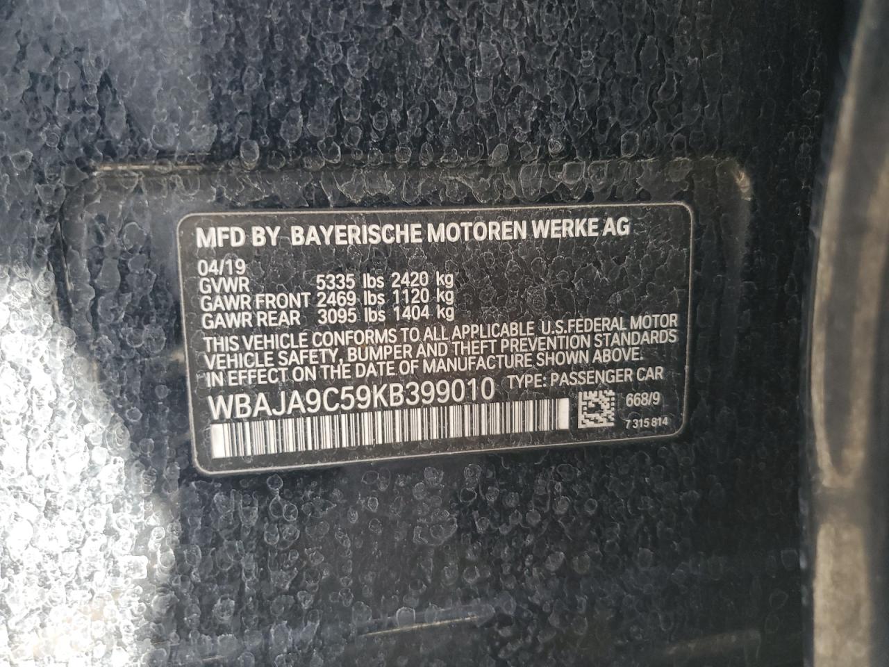 2019 BMW 530E VIN: WBAJA9C59KB399010 Lot: 90314935