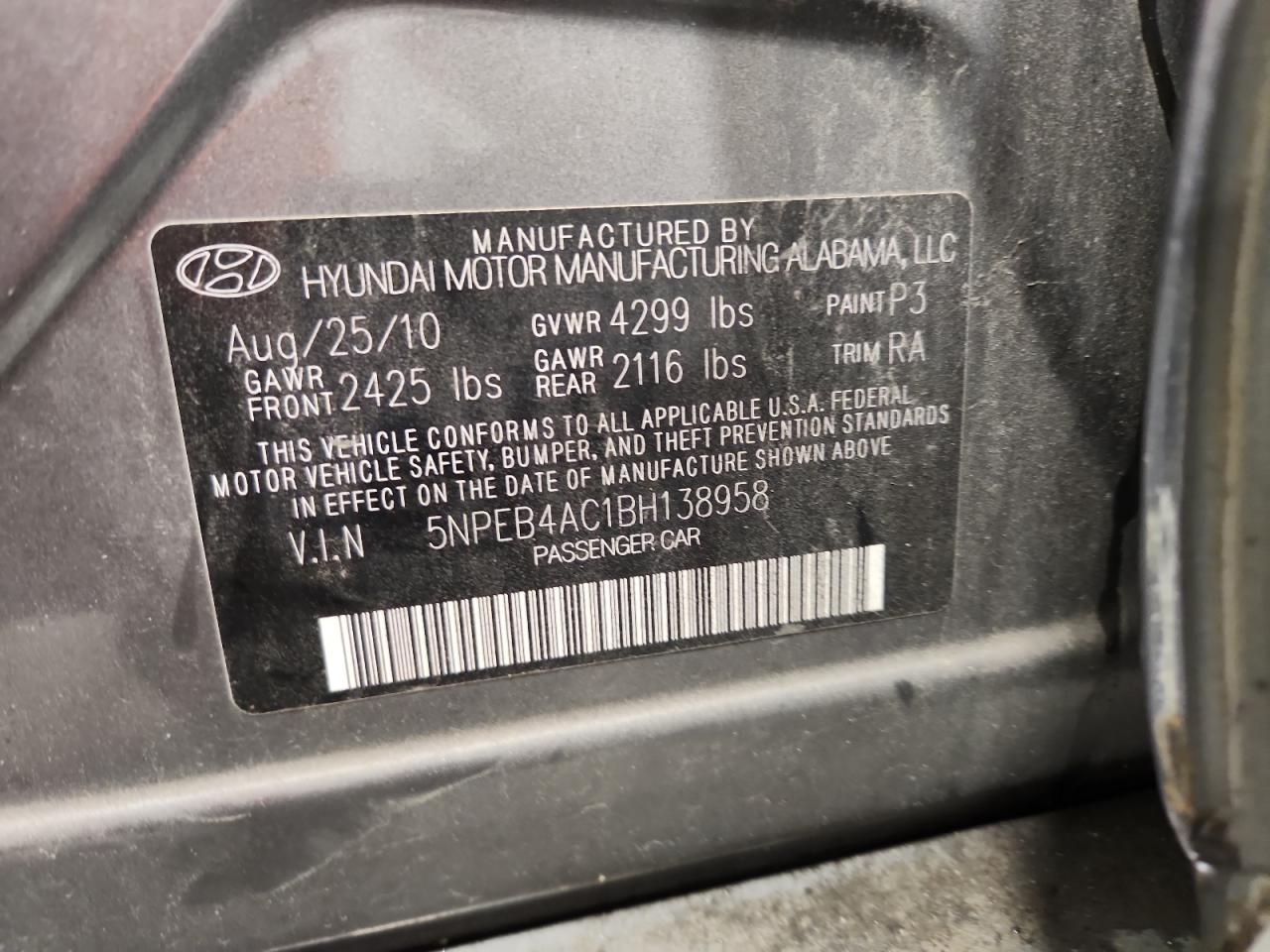 2011 Hyundai Sonata Gls VIN: 5NPEB4AC1BH138958 Lot: 82365085