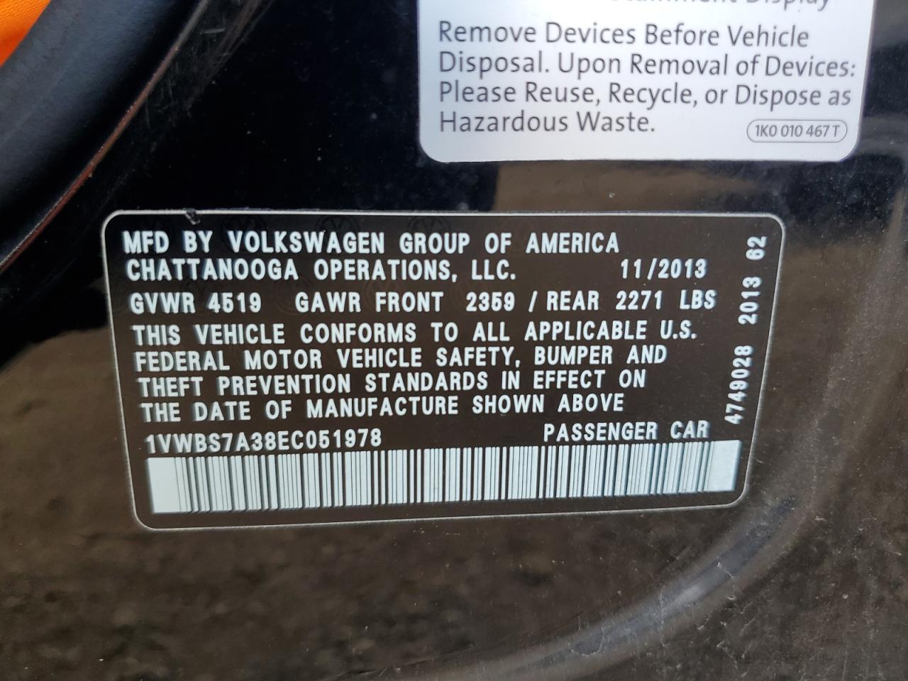 2014 Volkswagen Passat Se VIN: 1VWBS7A38EC051978 Lot: 82406675