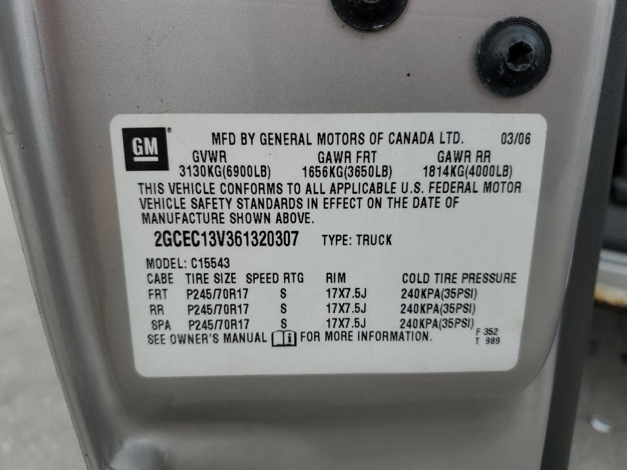 2006 Chevrolet Silverado C1500 VIN: 2GCEC13V361320307 Lot: 82247435