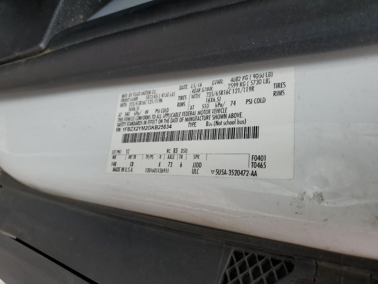 2016 Ford Transit T-350 VIN: 1FBZX2YM2GKB25834 Lot: 85533335