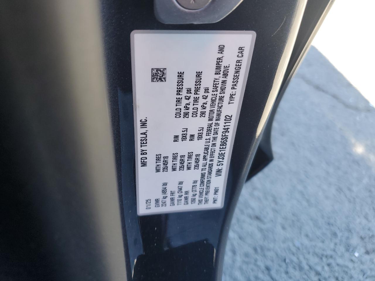 2025 Tesla Model 3 VIN: 5YJ3E1EB6SF941102 Lot: 90654095