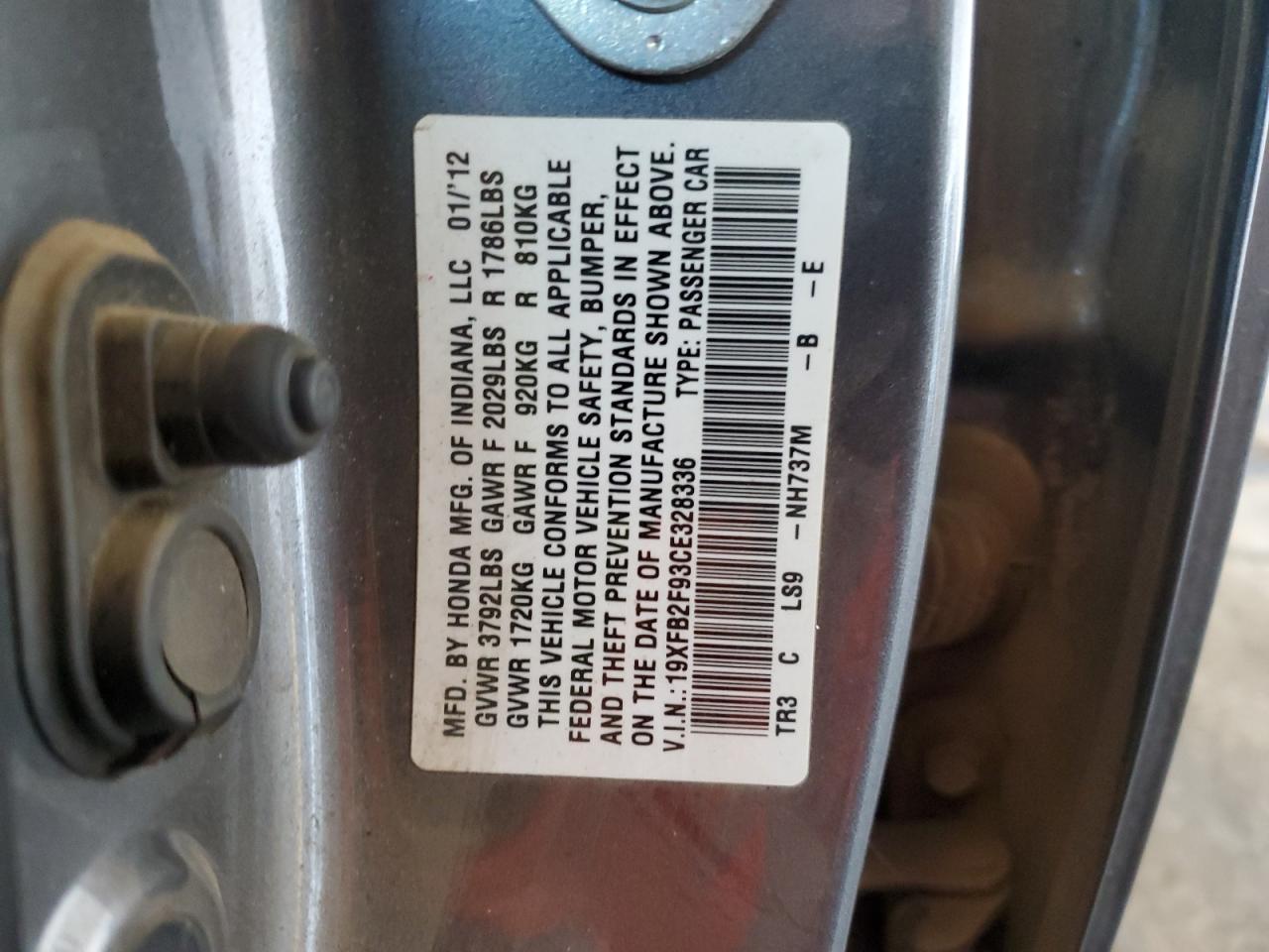 2012 Honda Civic Exl VIN: 19XFB2F93CE328336 Lot: 82224855