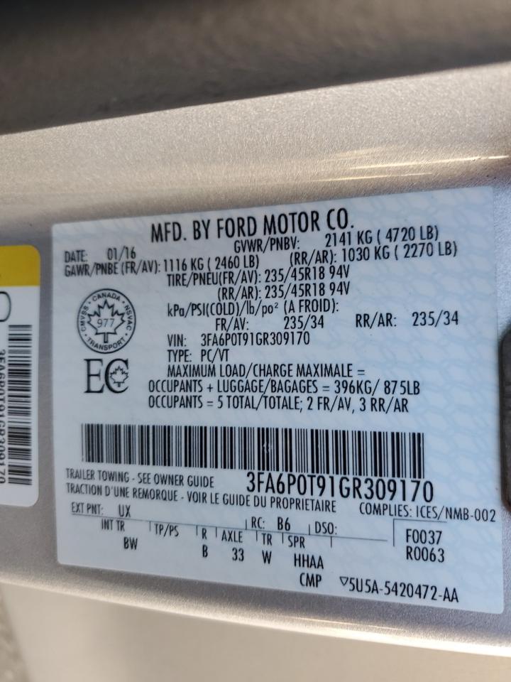 2016 Ford Fusion Se VIN: 3FA6P0T91GR309170 Lot: 85911065