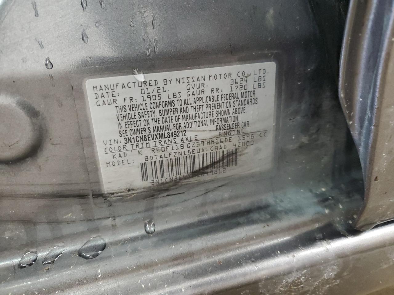 2021 Nissan Versa Sv VIN: 3N1CN8EVXML849212 Lot: 90512395