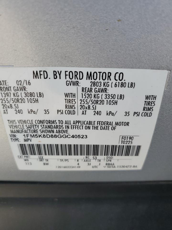 2016 Ford Explorer Xlt VIN: 1FM5K8D88GGC40523 Lot: 85847335