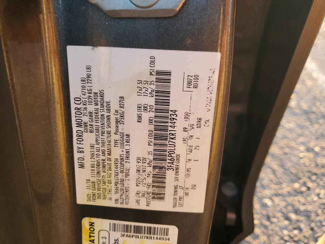 2019 Ford Fusion Se VIN: 3FA6P0LU7KR144934 Lot: 82717125