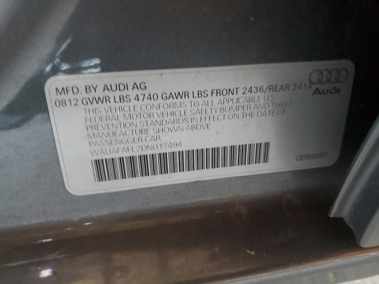 2013 Audi A4 Premium VIN: WAUAFAFL2DN017494 Lot: 84953595