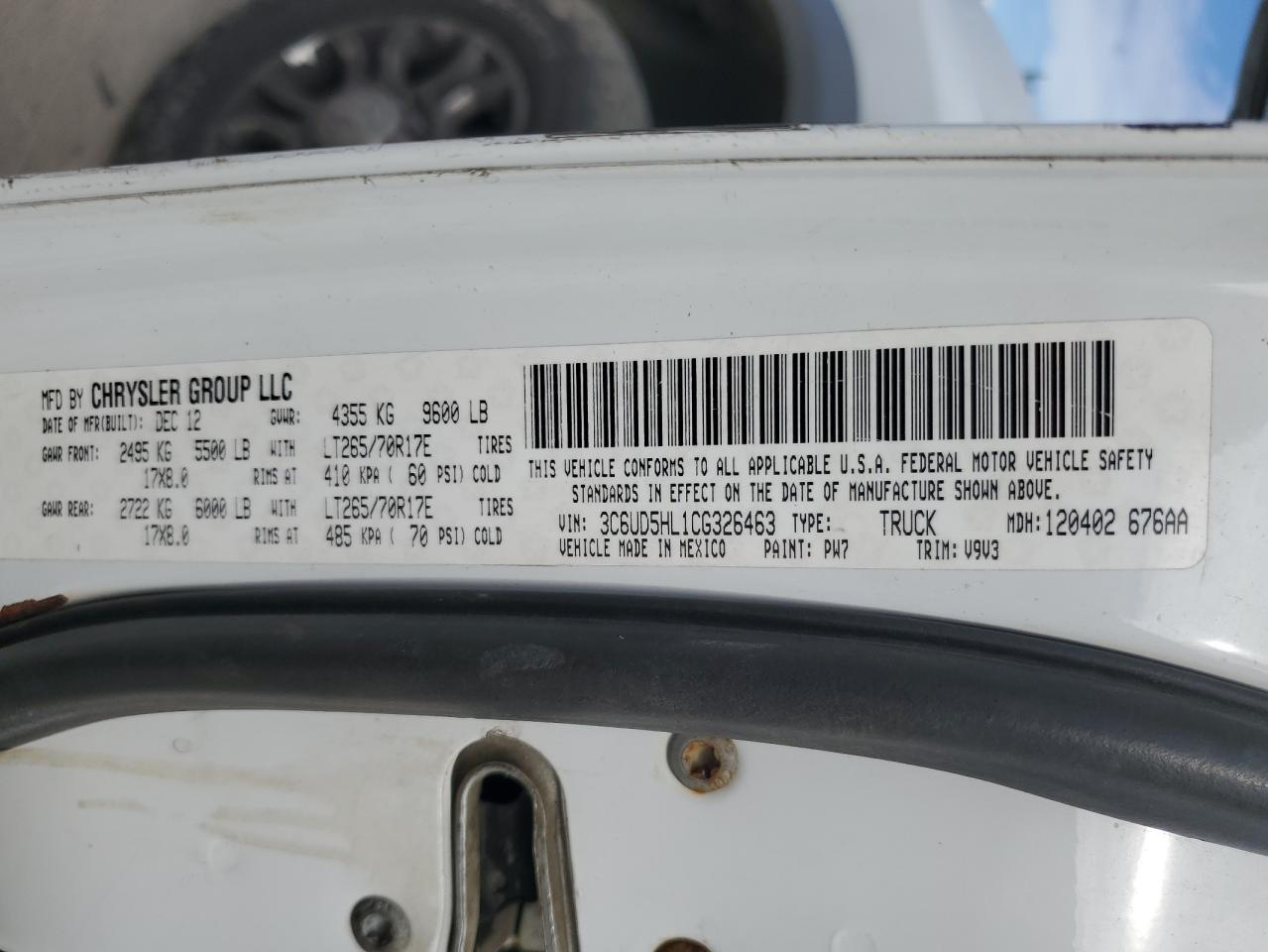 2012 Dodge Ram 2500 St VIN: 3C6UD5HL1CG326463 Lot: 85105675