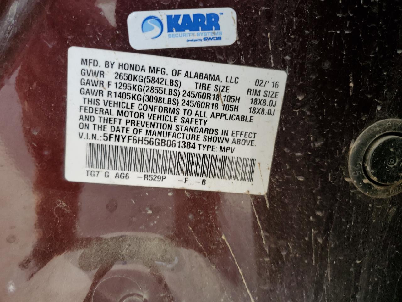 2016 Honda Pilot Exl VIN: 5FNYF6H56GB061384 Lot: 86340895