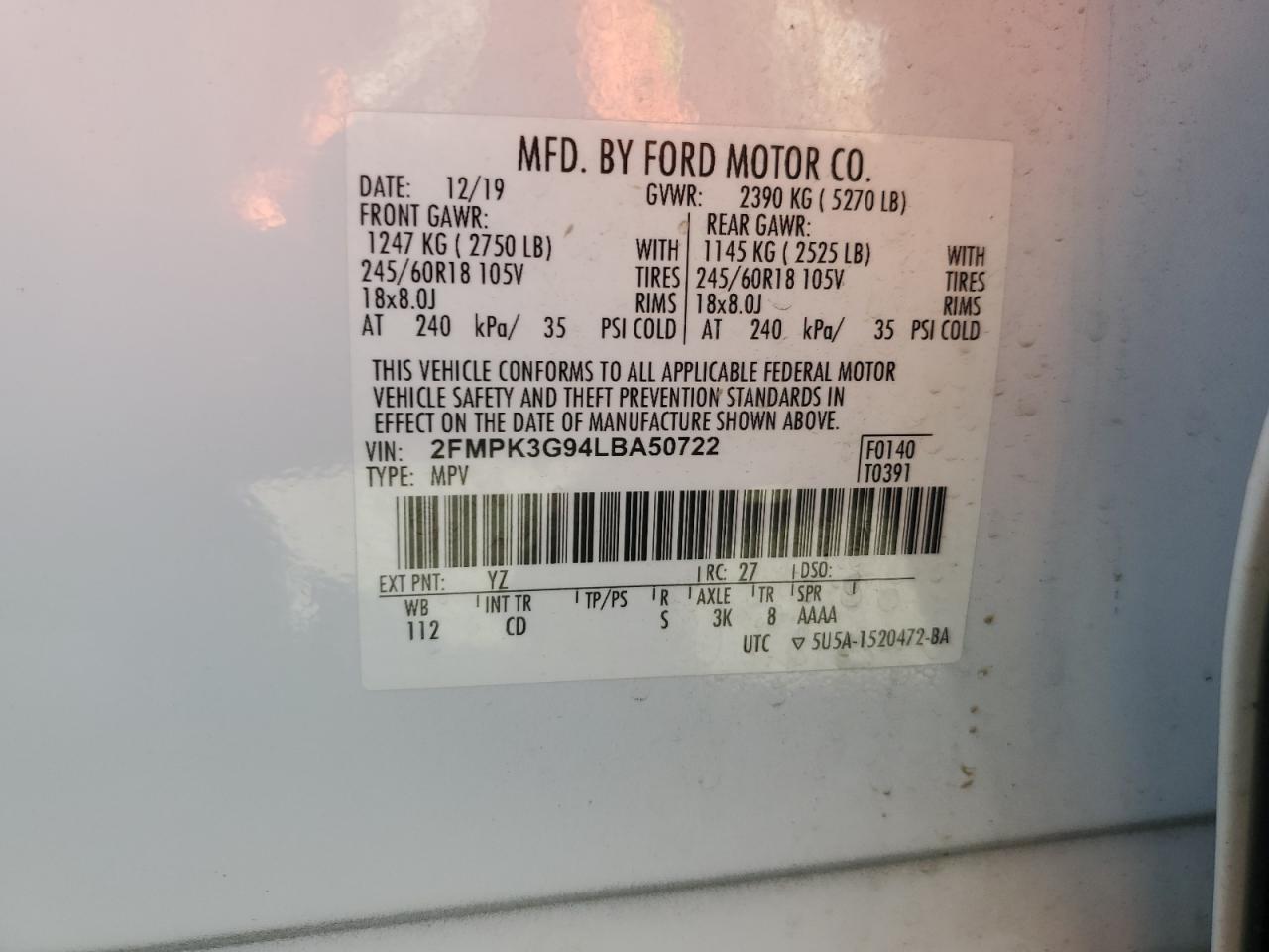 2020 Ford Edge Se VIN: 2FMPK3G94LBA50722 Lot: 85380005