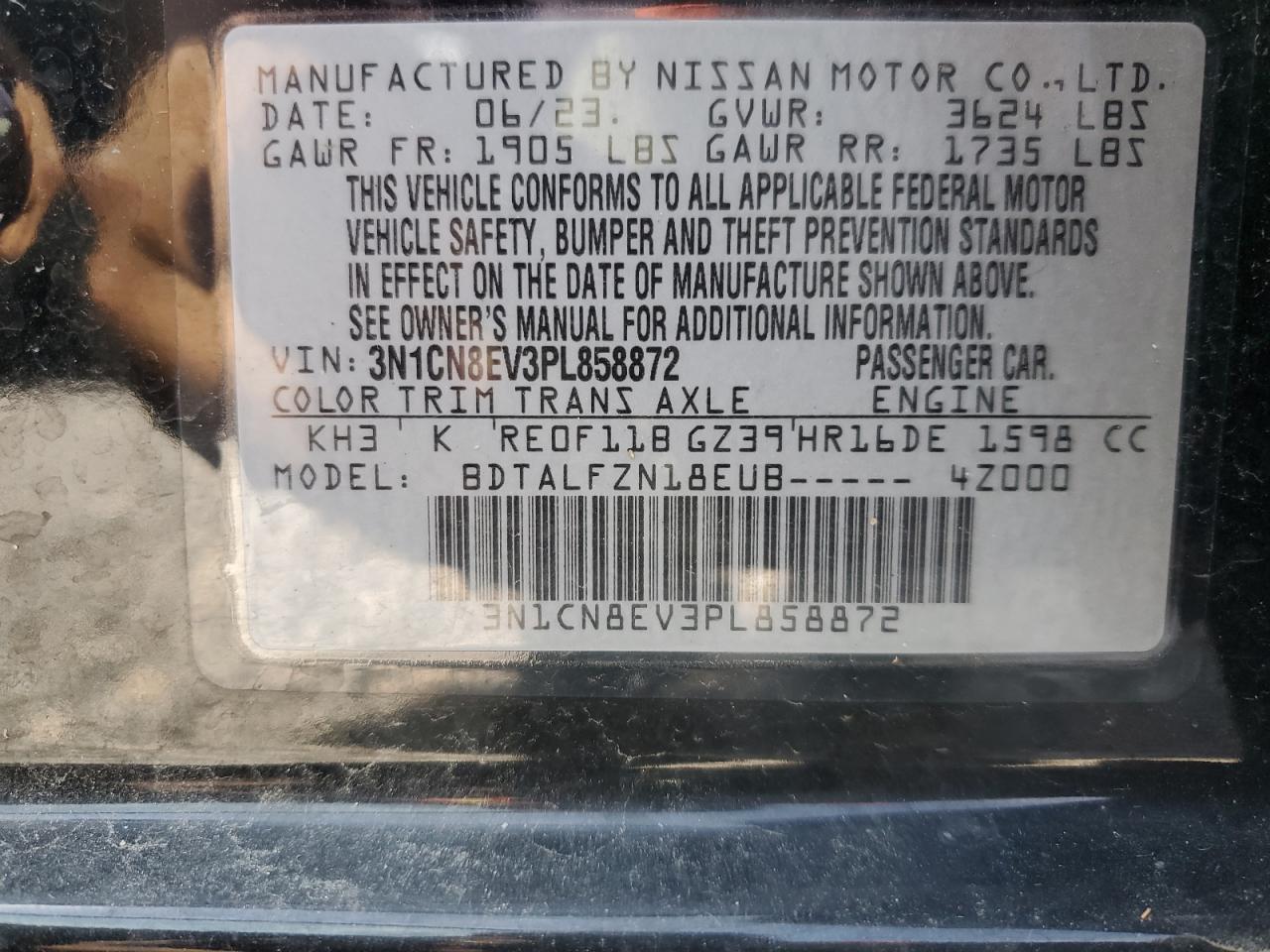 2023 Nissan Versa Sv VIN: 3N1CN8EV3PL858872 Lot: 81761245